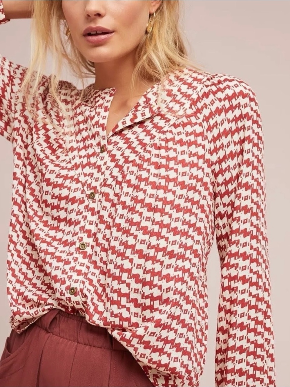 Maeve Orange and White Geometric Button Front Blouse